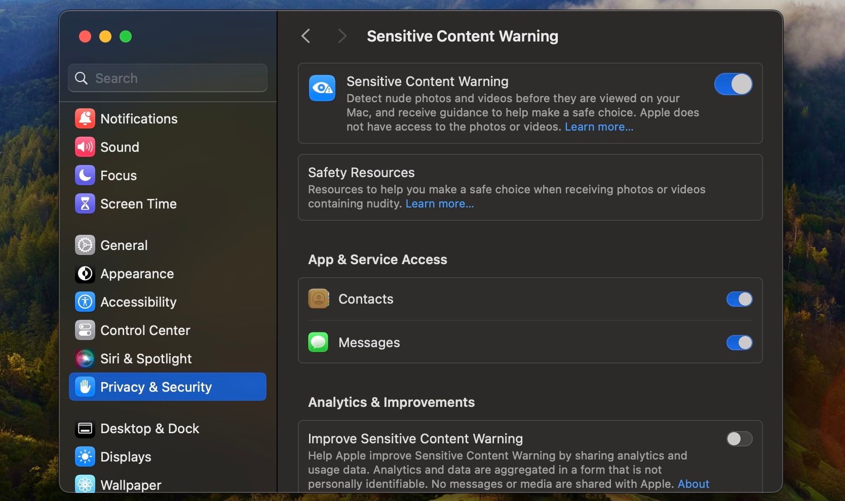 Переключатель Предупреждение о чувствительном содержимом в Системных настройках