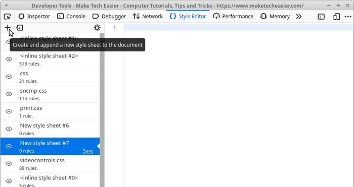 Создание новой таблицы стилей в Style Editor Firefox