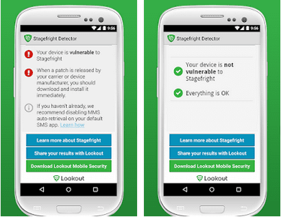 Экран приложения Stagefright Detector с информацией о статусе безопасности устройства