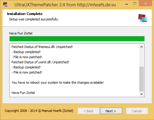 Окно установки UXThemePatcher