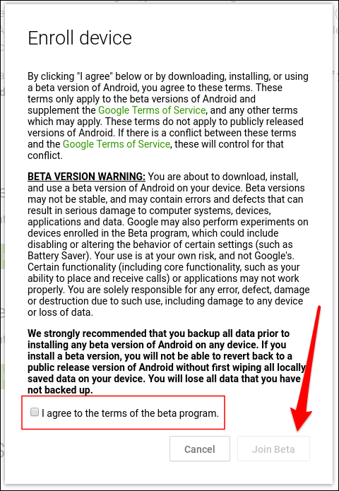 Подтверждение участия в бета‑программе и предупреждение о рисках