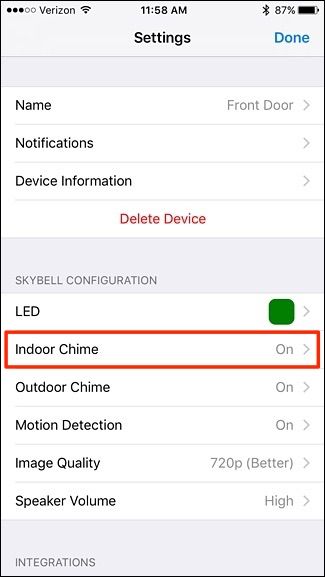 Пункт меню Indoor Chime в настройках SkyBell