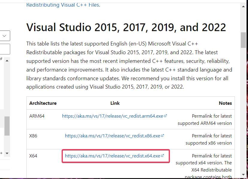 Ссылка на загрузку x64 пакета Visual C++