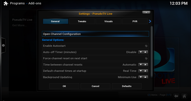Окно конфигурации каналов PseudoTV Live со списком доступных типов каналов
