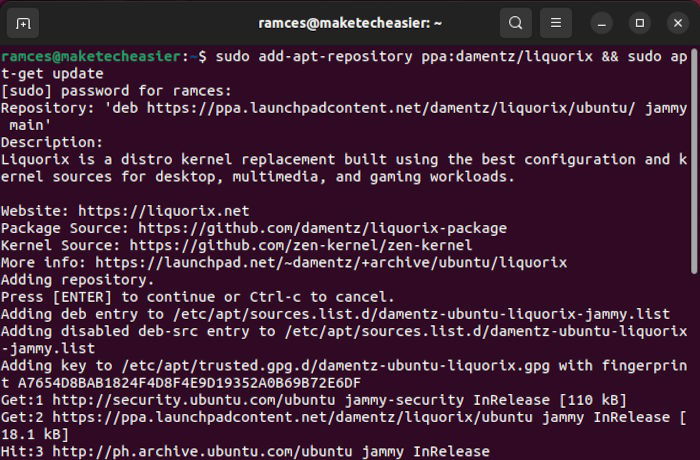 Терминал: добавление PPA Liquorix и обновление списков пакетов
