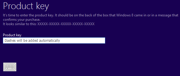 Окно ввода ключа продукта Windows 8
