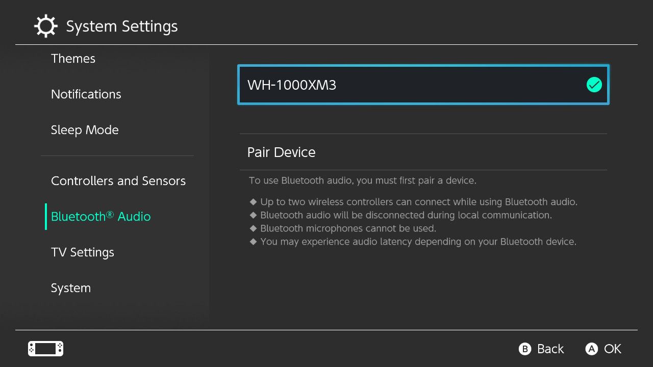 Меню Аудио по Bluetooth на Switch