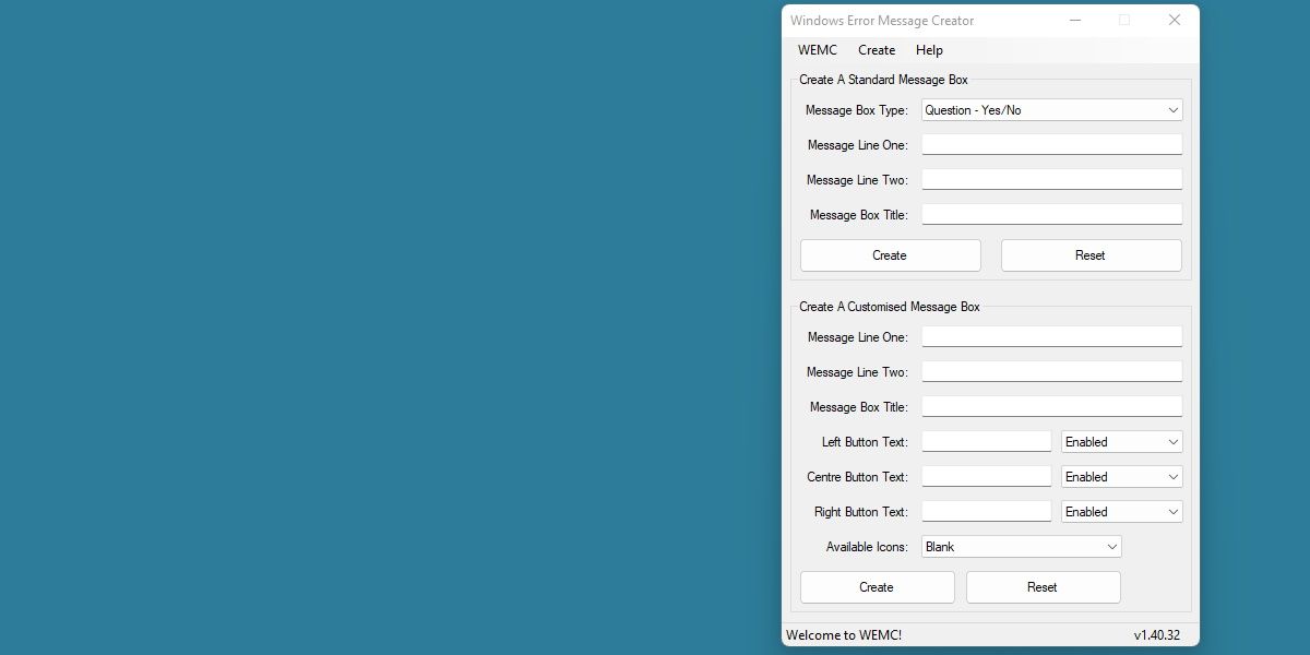 скриншот Windows Error Message Creator с окном настроек