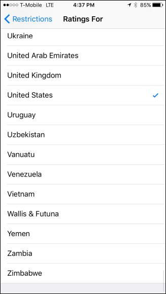 Выбор системы рейтингов по стране на iOS