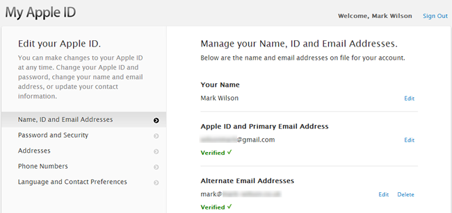 Ссылка «Пароль и безопасность» в меню Apple ID