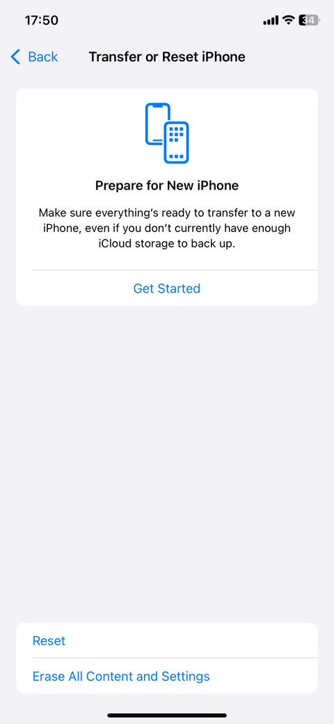 Страница переноса или сброса iPhone