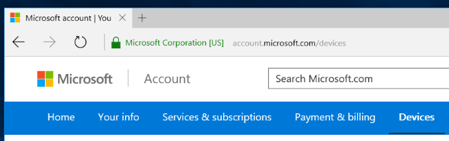 Список устройств в учётной записи Microsoft
