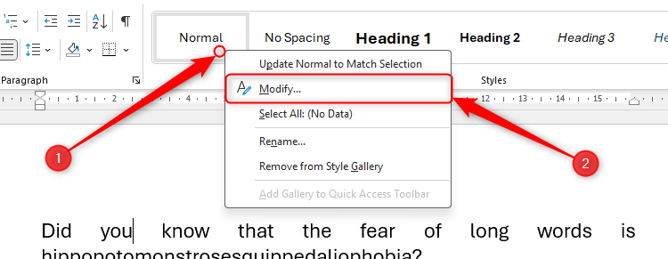 Контекстное меню стилей: выбрано Изменить для стиля Normal.