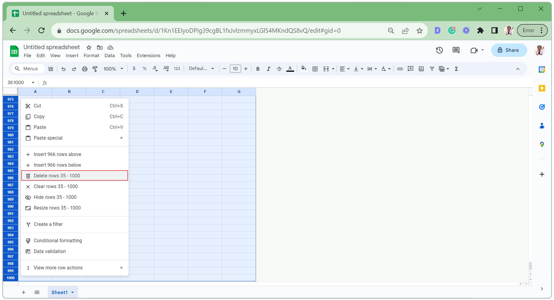 Удалить неиспользуемые строки в Google Sheets