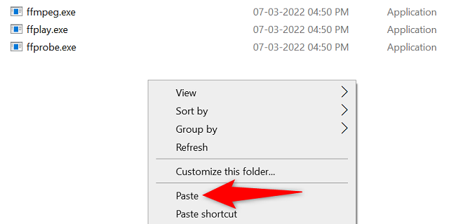 Вставка файла в папку bin FFmpeg.
