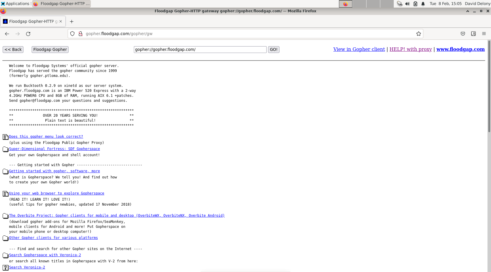 Прокси Floodgap для Gopher в Firefox на Debian