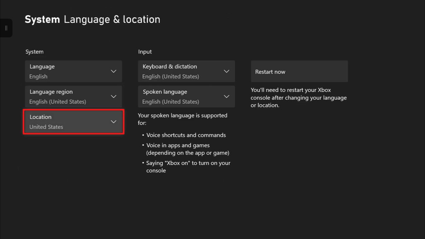 Меню Язык и местоположение в настройках Xbox One, с выделением поля местоположения.