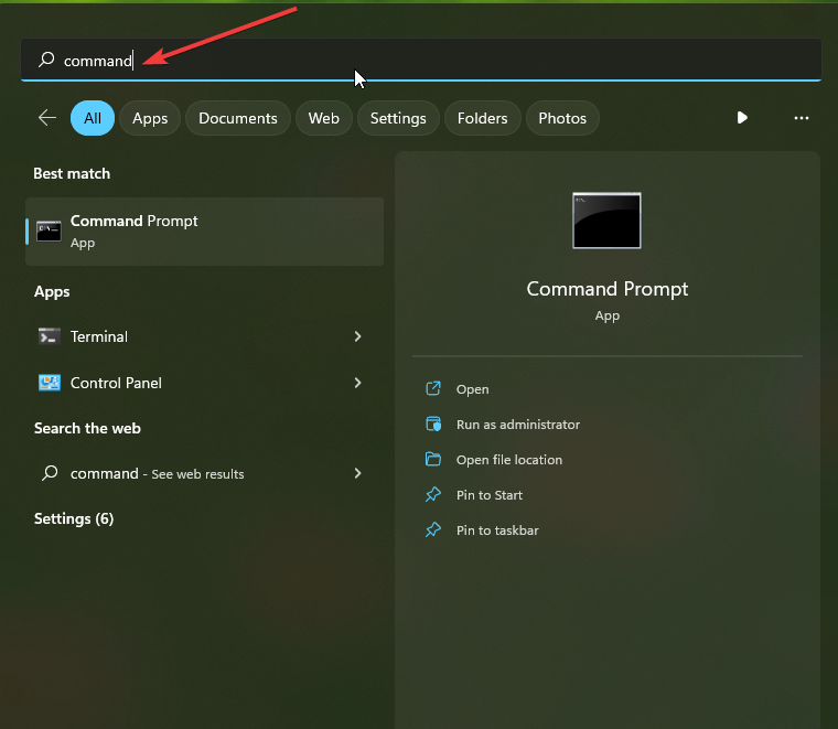 Поле поиска в меню Пуск с текстом 'command'