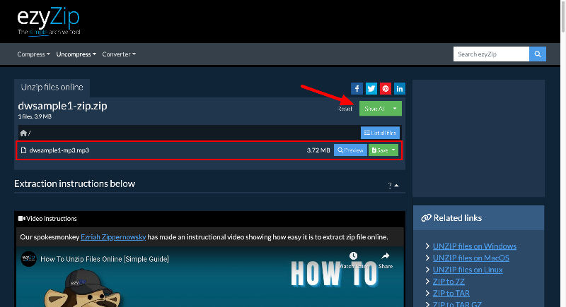 Извлечение через ezyZip