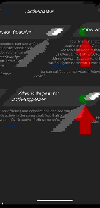 Опции показа активности в Messenger: выключение переключателей