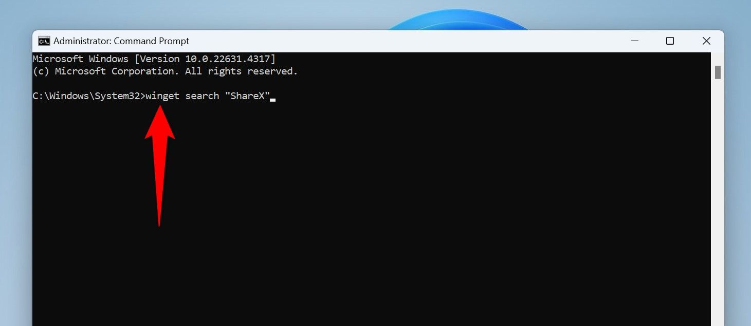 Команда поиска приложения через Winget в Командной строке.