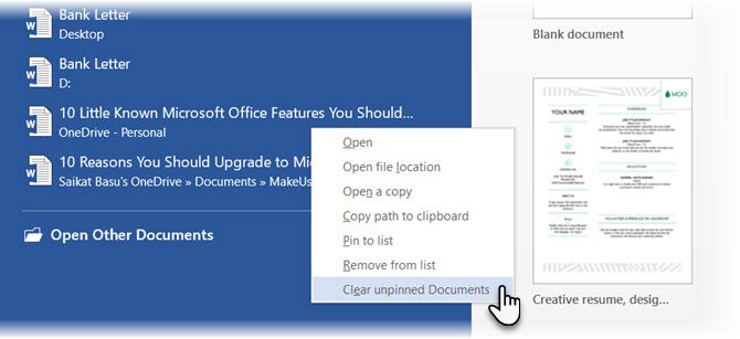 Список недавних документов в Word 2016
