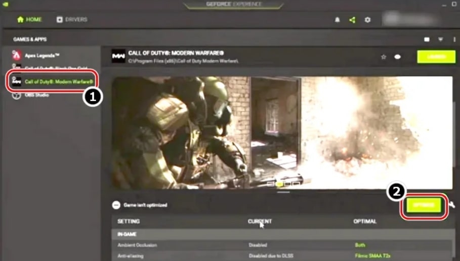 Оптимизация настроек в GeForce Experience — пример интерфейса