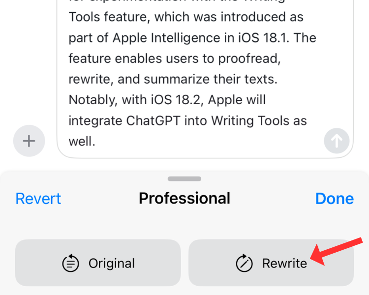 Скриншот, показывающий процесс перезаписи текста с помощью Writing Tools и кнопку Rewrite.