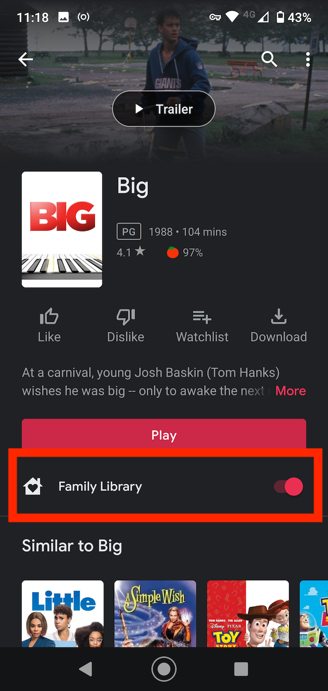 Добавление фильма в Семейную библиотеку
