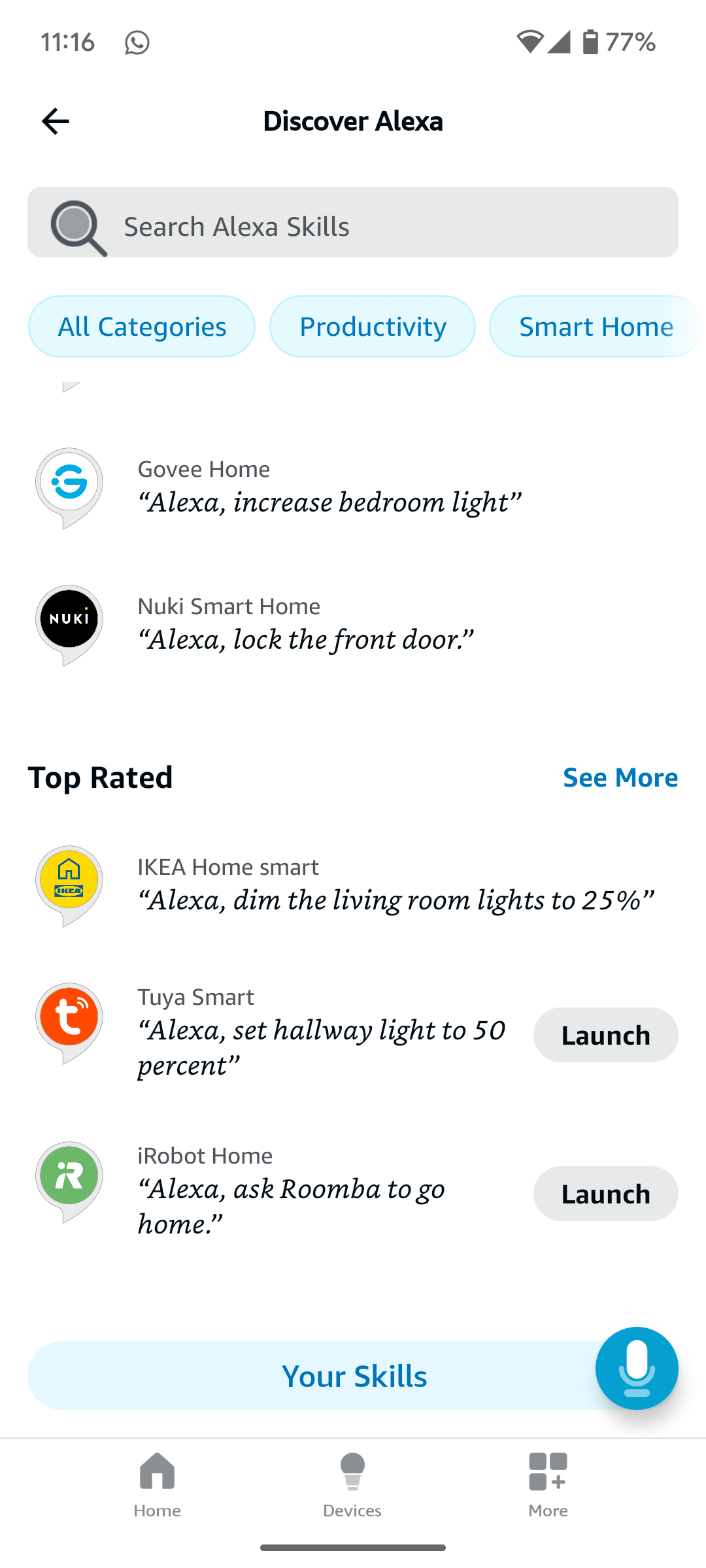 The skills homepage on the Alexa app