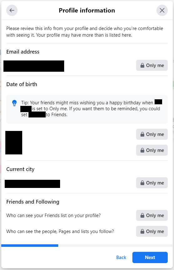 Пример заполненного профиля Facebook