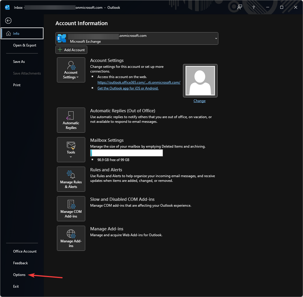 Menu Options no Outlook