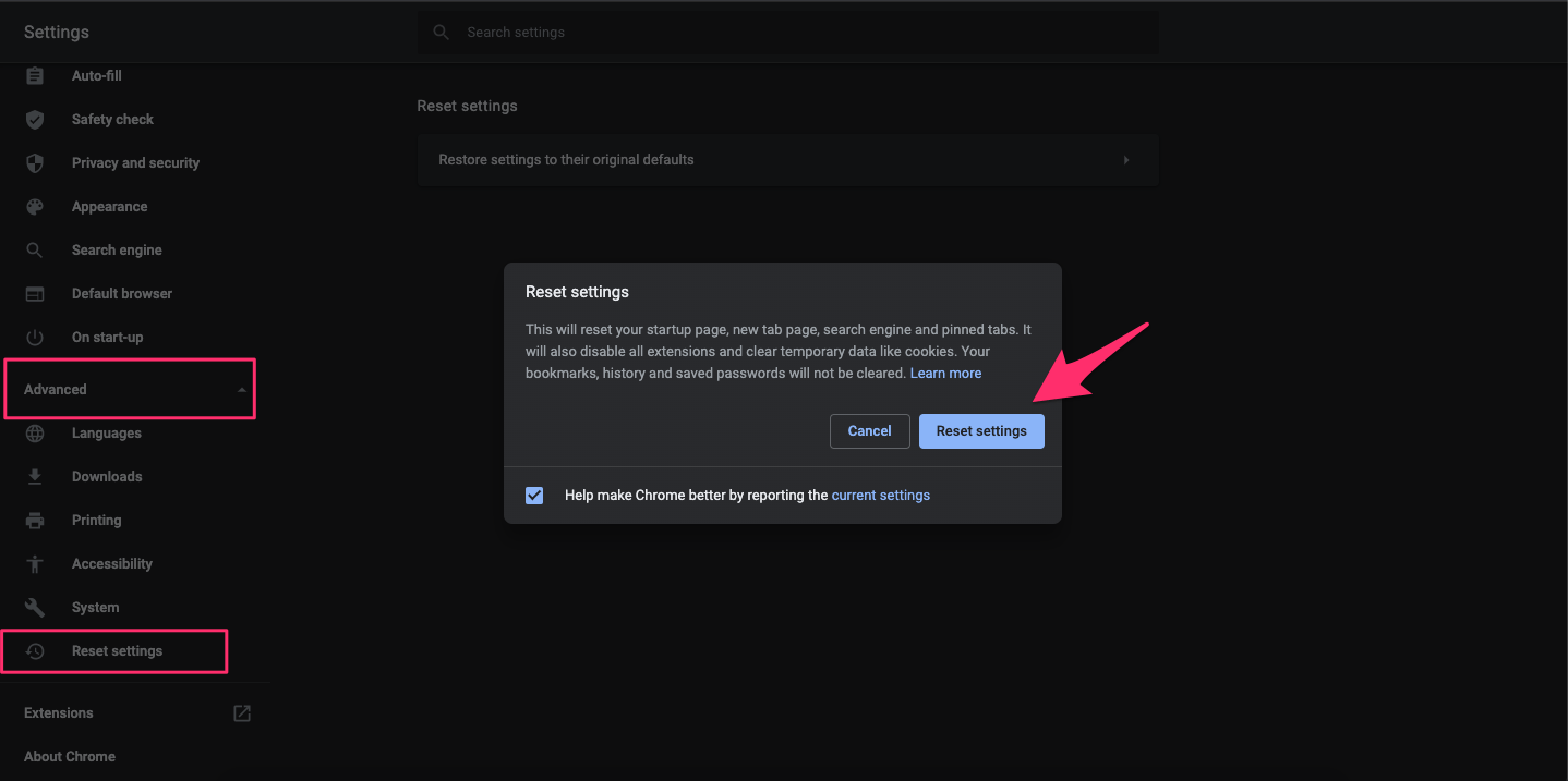 Параметры сброса Chrome — экран настроек Chrome