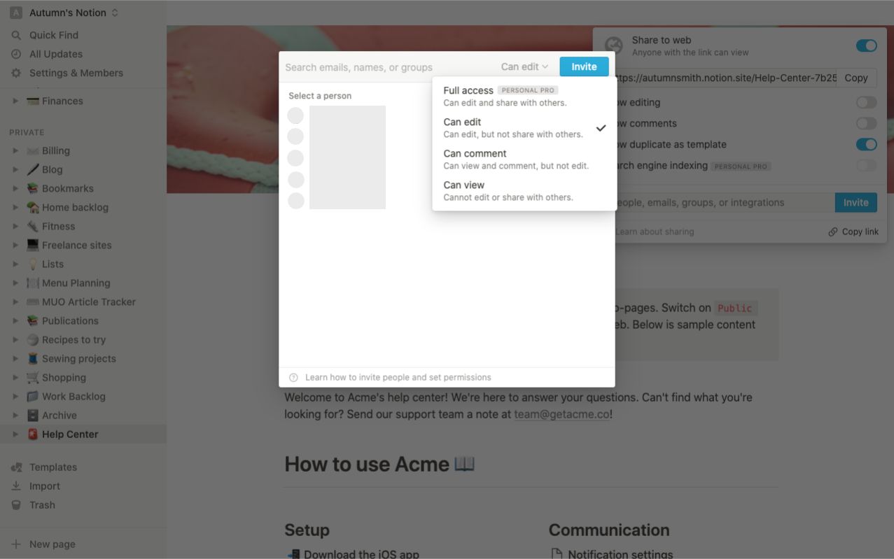 Меню приватного совместного доступа в программном обеспечении для управления проектами