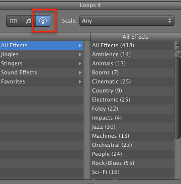 Панель звуков подкаста в GarageBand