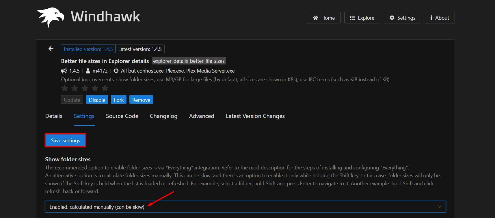 Окно настроек установленного мода в приложении Windhawk.