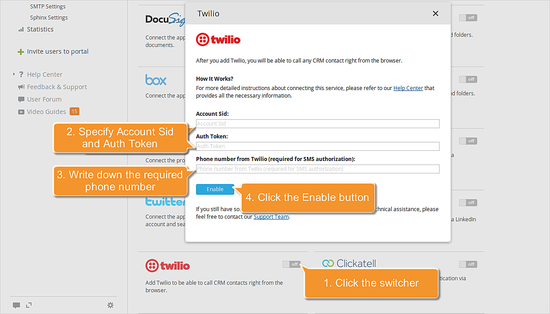 Окно подключения Twilio