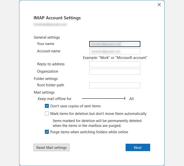 Настройки IMAP аккаунта в Outlook на Windows