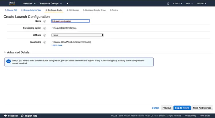 Поле для имени Launch Configuration и кнопка продолжения