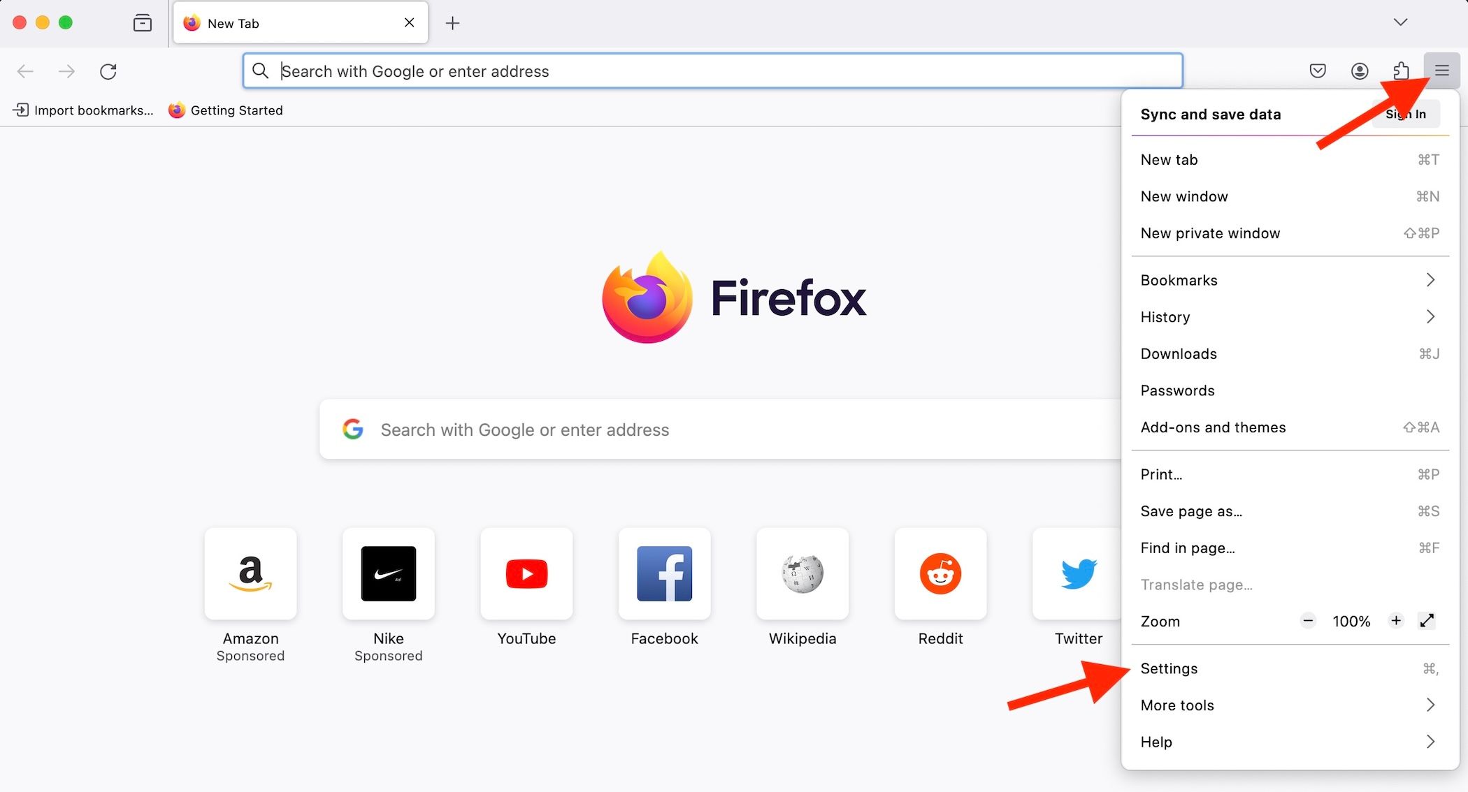 Расположение меню настроек Firefox