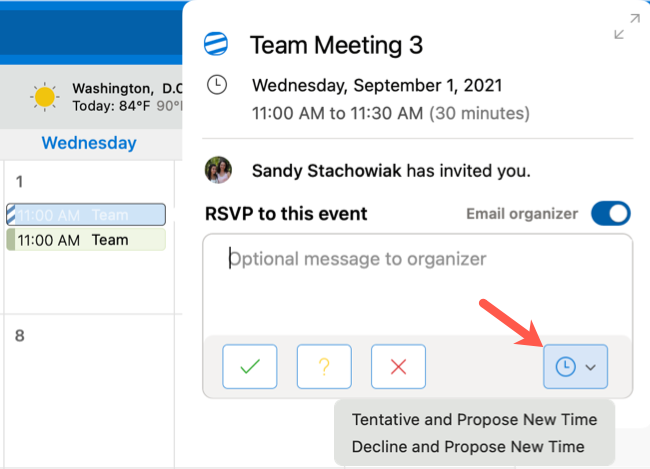Нажмите Propose New Time в календаре Outlook