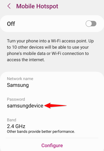 Настройки мобильной точки доступа Android с выделенным полем пароля.