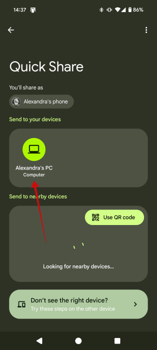 Tapping on PC from Android phone to share with it via Quick Share.