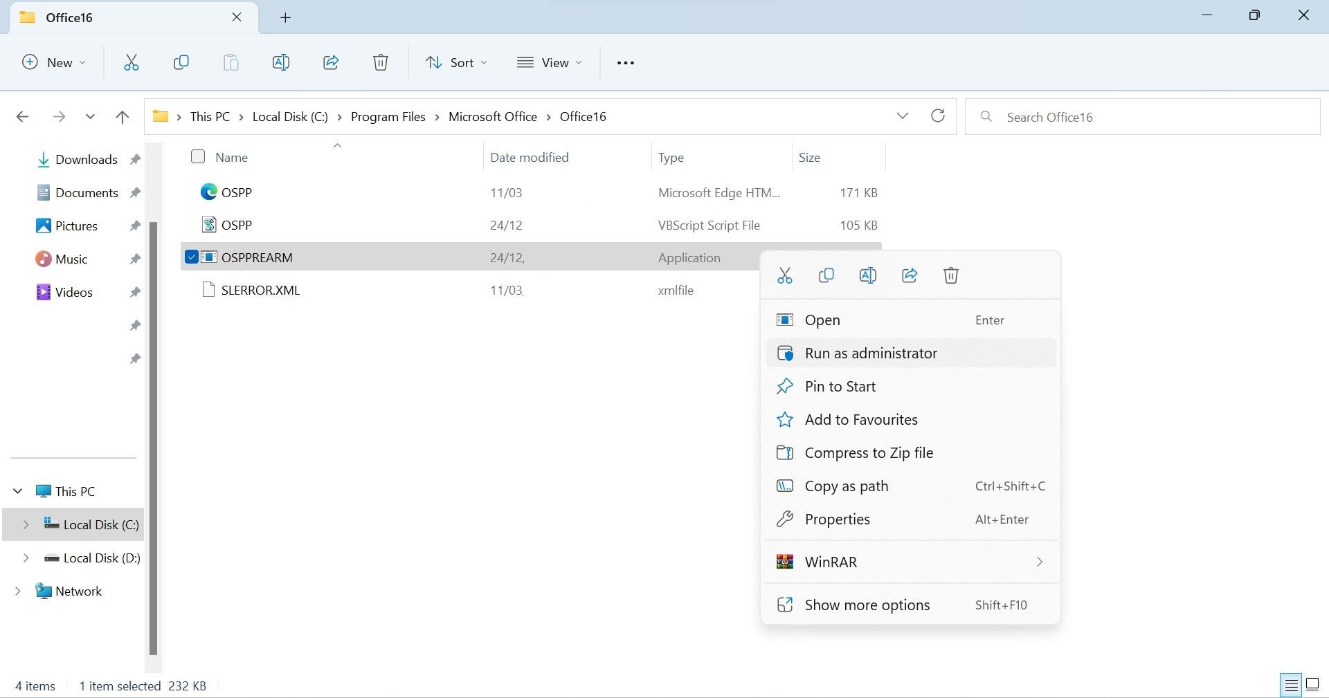 Запуск исполняемого файла OSPREARM.EXE от имени администратора в Проводнике Windows