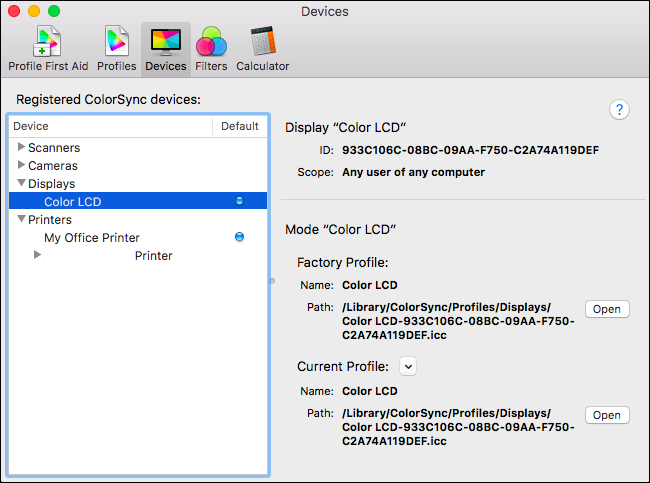 Окно ColorSync Utility с выбором устройств и дисплеев