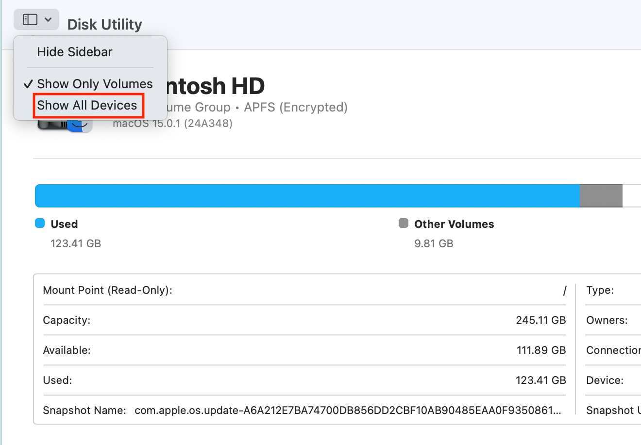 Опция Disk Utility показать все устройства