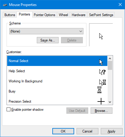 Выбор схемы указателей и предпросмотр курсора в Windows 10