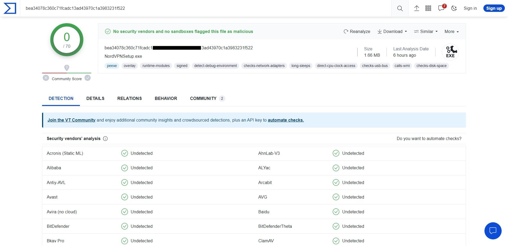 Результаты проверки установщика VPN на VirusTotal