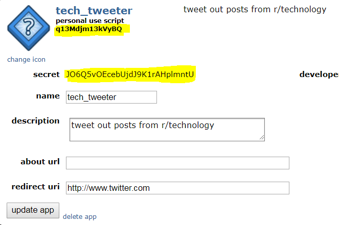 Экран с ID клиента и секретом приложения Reddit