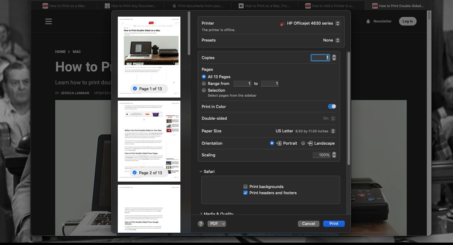 Открытое меню печати в Safari на Mac